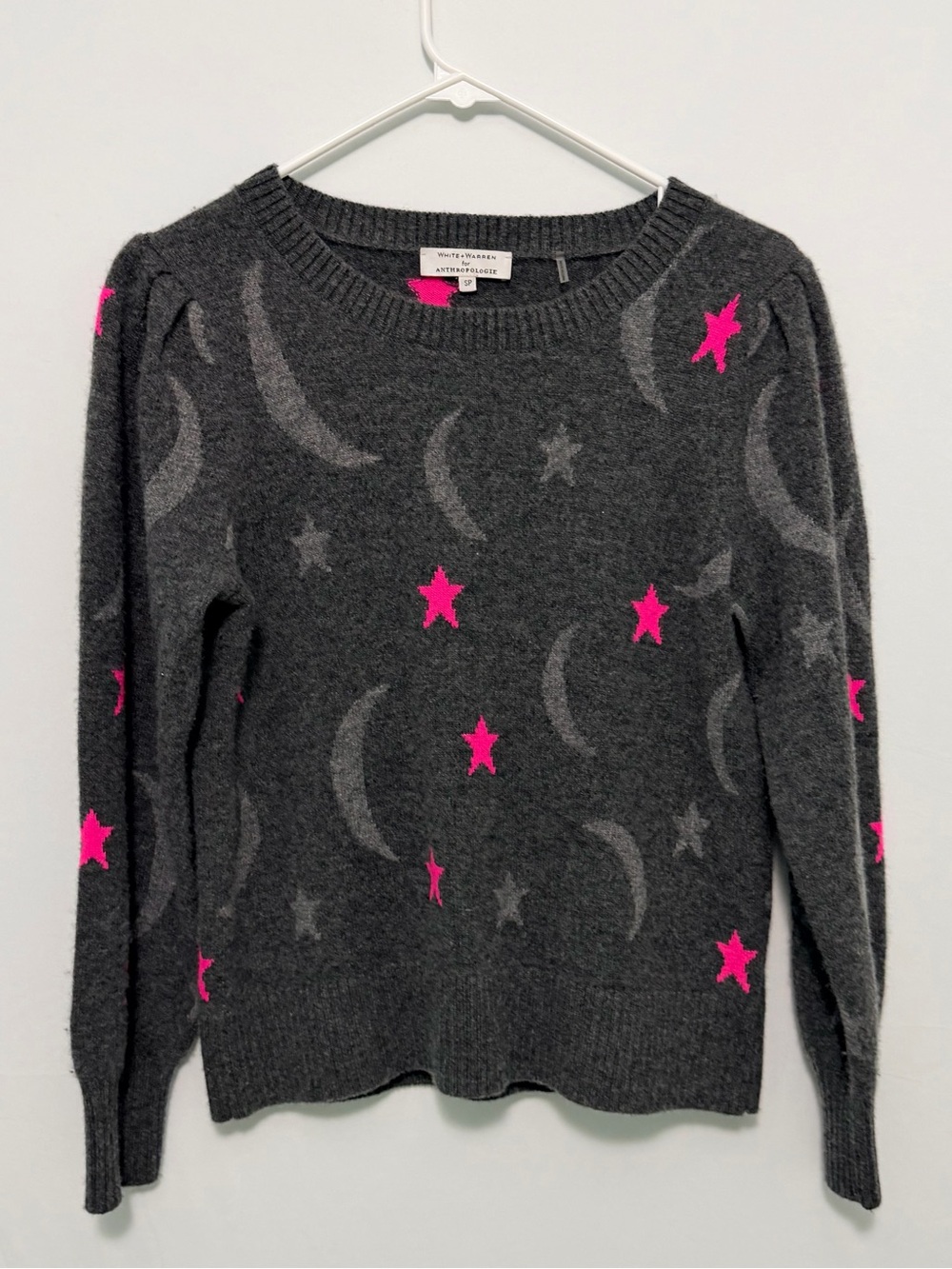White + Warren for Anthropologie heart moon Cashmere sweater gray pink Small
